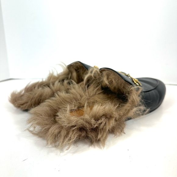 Gucci Princeton Black Leather Fur Horsebit Gold Detail Slip On Mules 39.5 US 9.5 - Picture 7 of 15